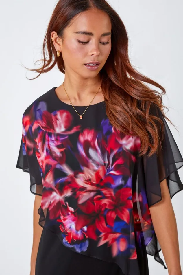 Women Black Petite Floral Chiffon Overlay Asymmetric Dress Roman Dresses