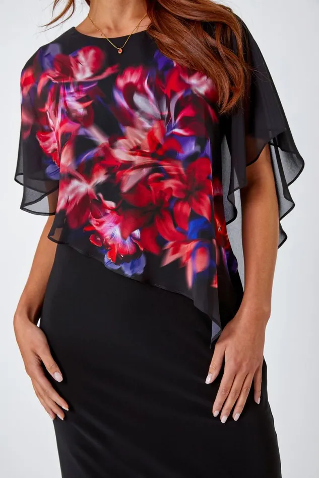 Women Black Petite Floral Chiffon Overlay Asymmetric Dress Roman Dresses