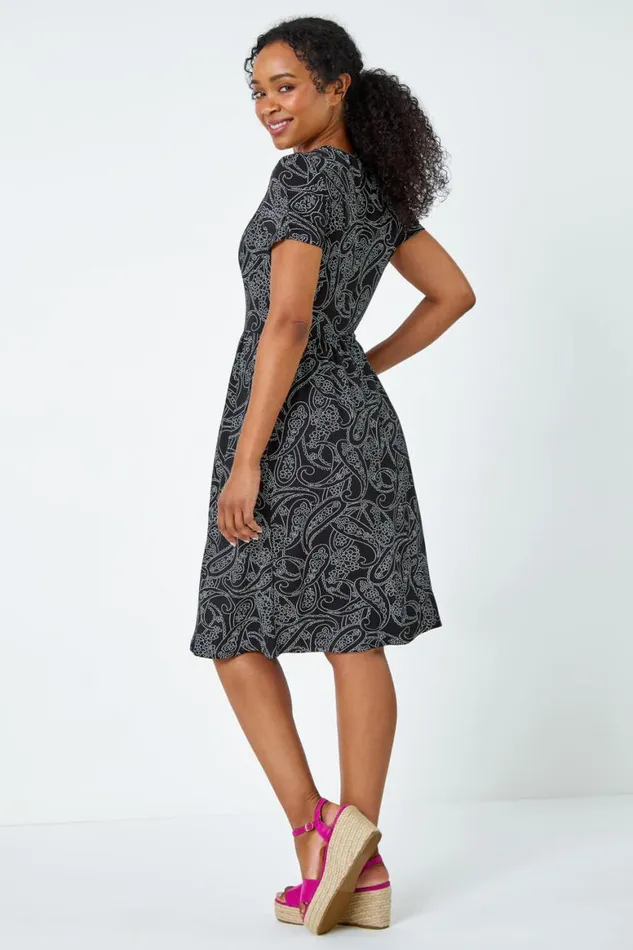 Women Black Petite Floral Stretch Pocket Dress Roman Dresses