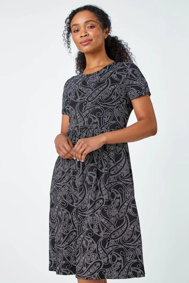 Women Black Petite Floral Stretch Pocket Dress Roman Dresses