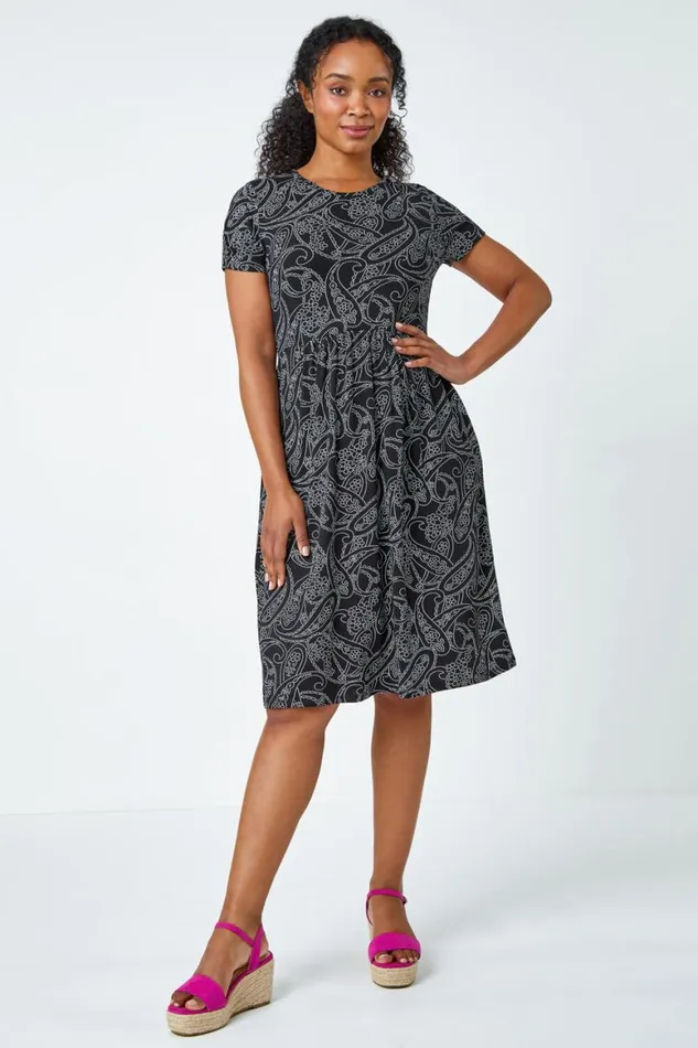 Women Black Petite Floral Stretch Pocket Dress Roman Dresses