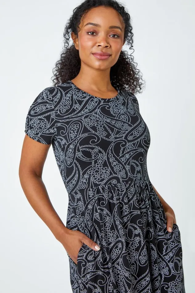 Women Black Petite Floral Stretch Pocket Dress Roman Dresses