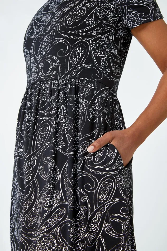 Women Black Petite Floral Stretch Pocket Dress Roman Dresses