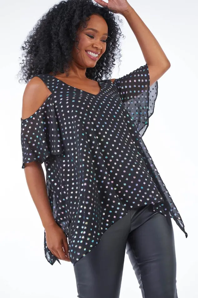Women Black Petite Metallic Spot Cold Shoulder Top Roman Tops