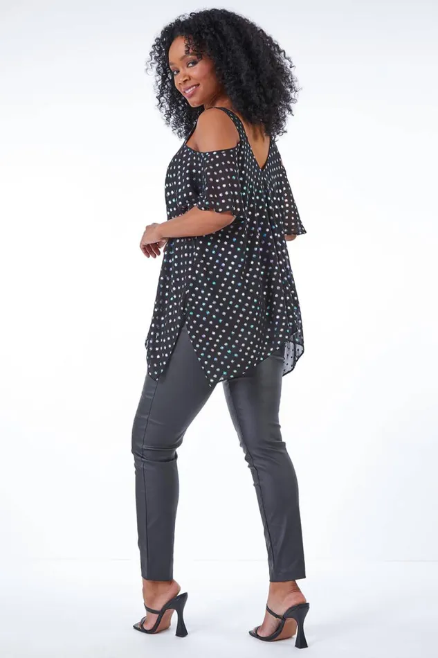 Women Black Petite Metallic Spot Cold Shoulder Top Roman Tops