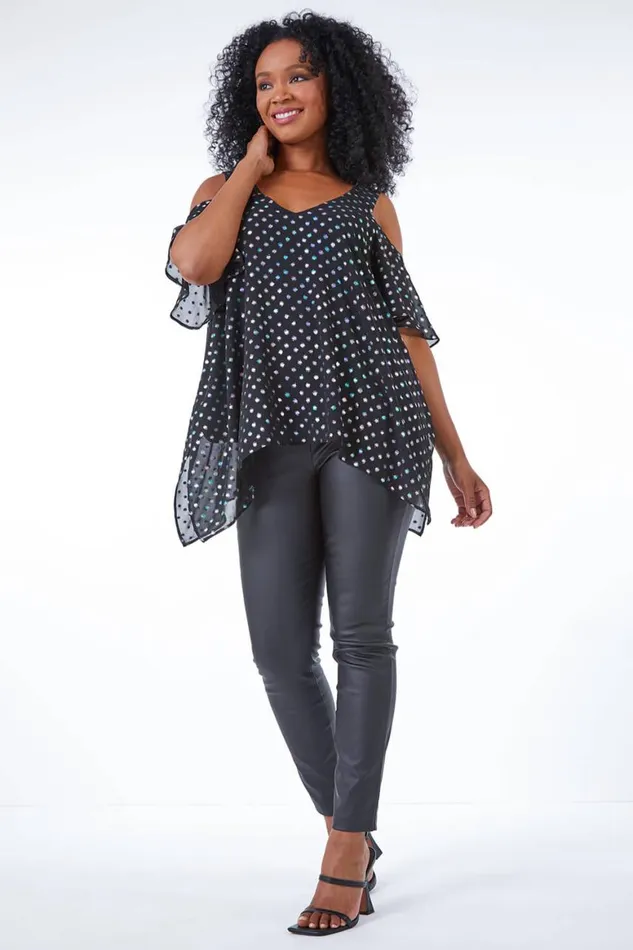 Women Black Petite Metallic Spot Cold Shoulder Top Roman Tops