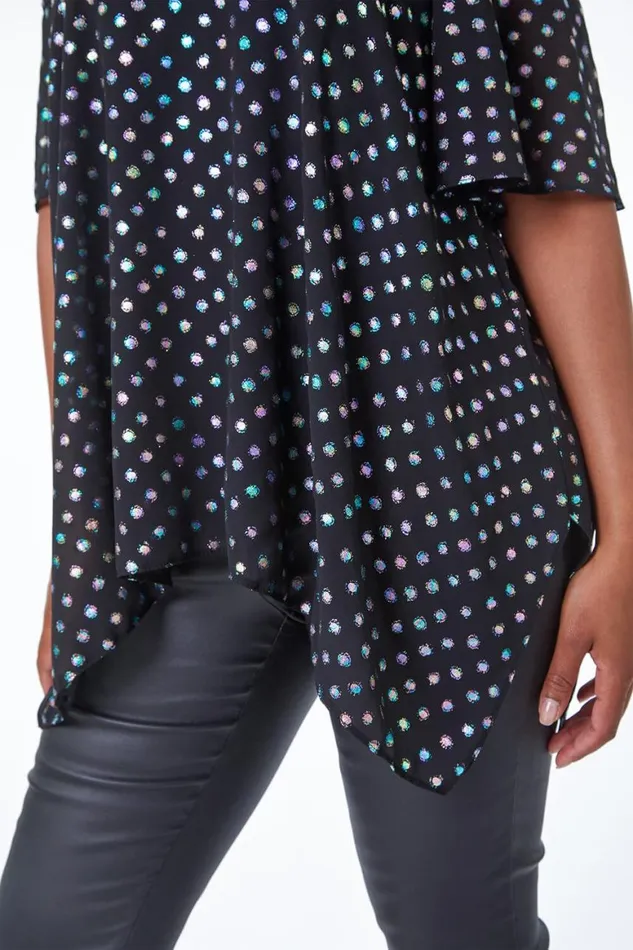 Women Black Petite Metallic Spot Cold Shoulder Top Roman Tops