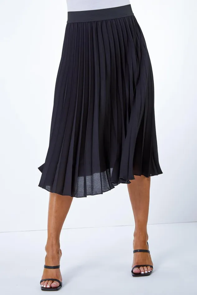 Women Black Petite Pleated Elastic Waist Midi Skirt Roman Occasionwear