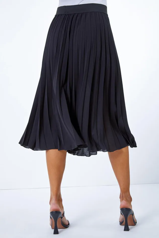 Women Black Petite Pleated Elastic Waist Midi Skirt Roman Occasionwear