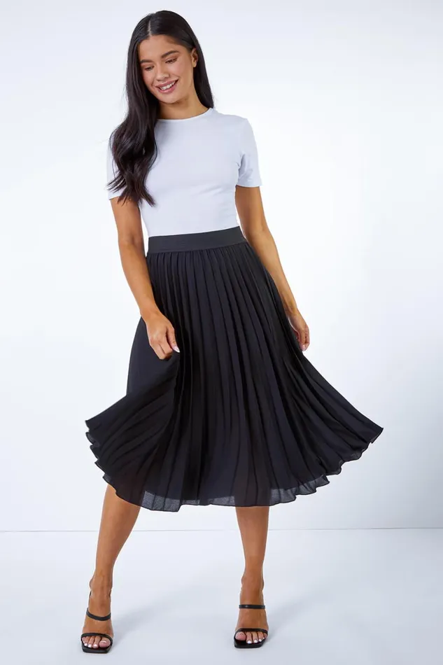 Women Black Petite Pleated Elastic Waist Midi Skirt Roman Occasionwear