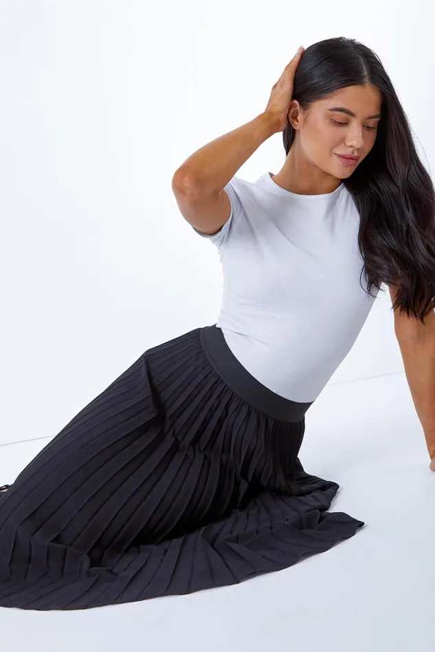 Women Black Petite Pleated Elastic Waist Midi Skirt Roman Occasionwear