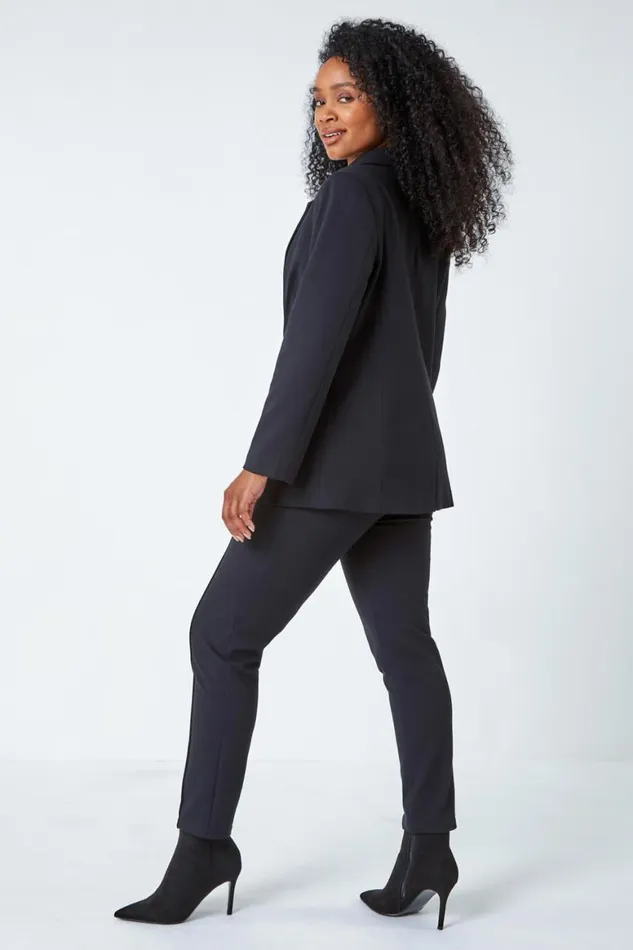 Women Black Petite Pocket Detail Stretch Blazer Roman Jackets