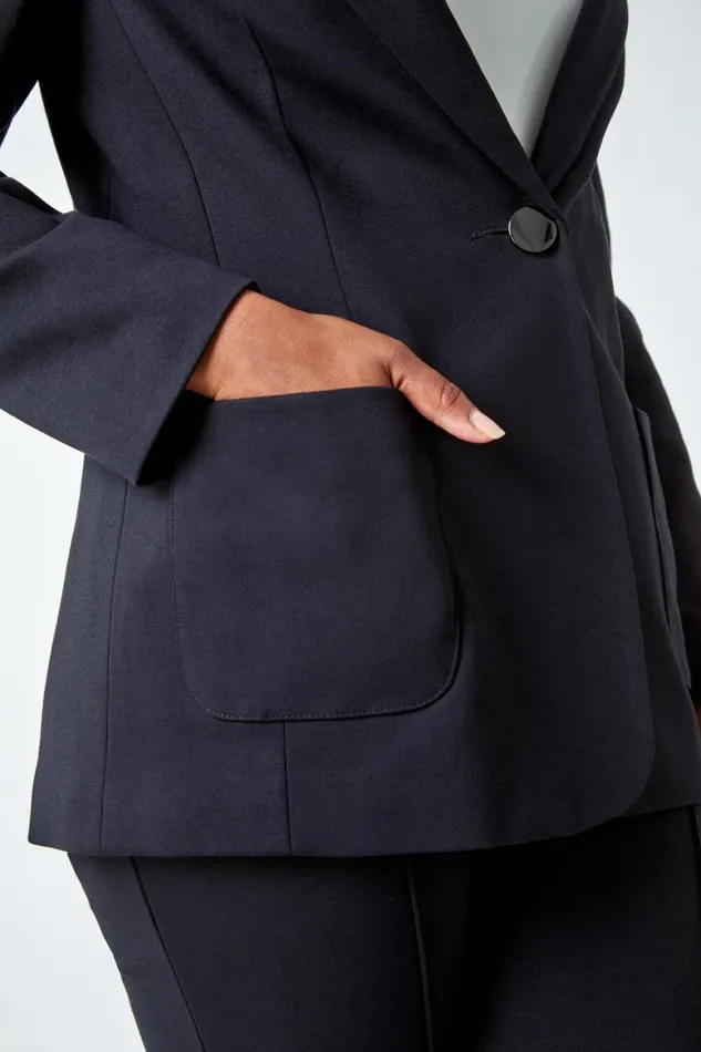 Women Black Petite Pocket Detail Stretch Blazer Roman Jackets