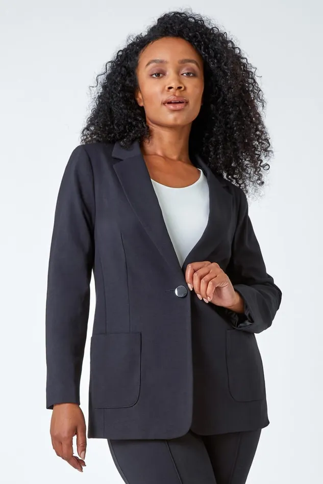 Women Black Petite Pocket Detail Stretch Blazer Roman Jackets