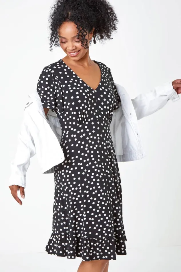 Women Black Petite Polka Dot Frill Hem Stretch Dress Roman Dresses
