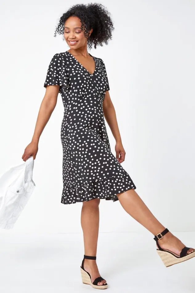 Women Black Petite Polka Dot Frill Hem Stretch Dress Roman Dresses