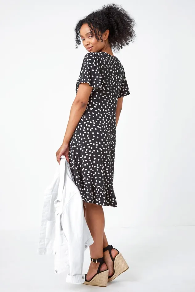 Women Black Petite Polka Dot Frill Hem Stretch Dress Roman Dresses