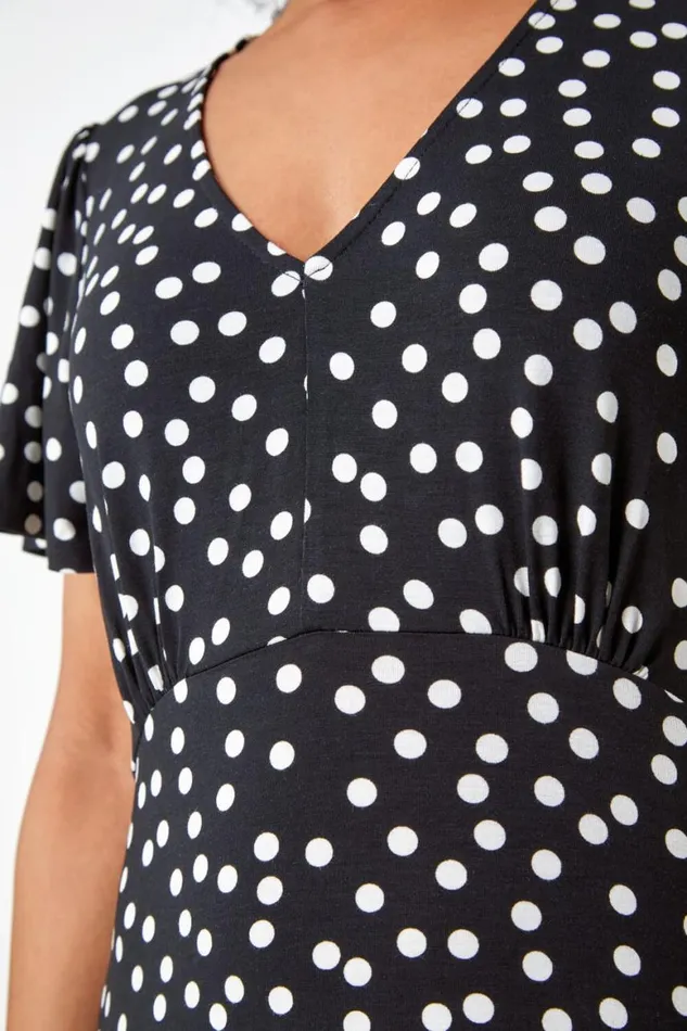 Women Black Petite Polka Dot Frill Hem Stretch Dress Roman Dresses