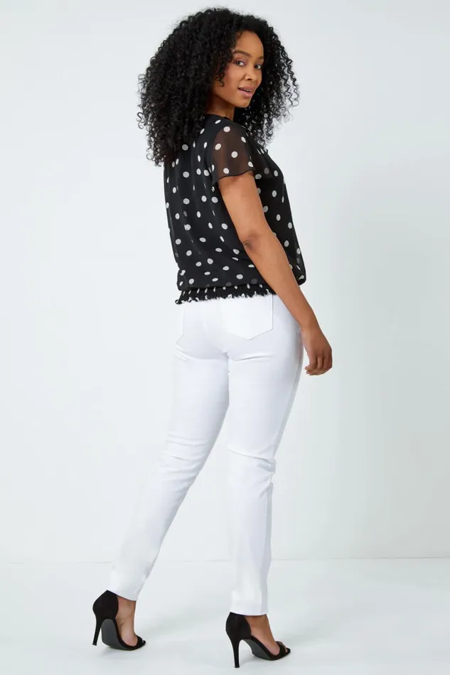 Women Black Petite Polka Dot Print Chiffon Frill Top Roman Tops