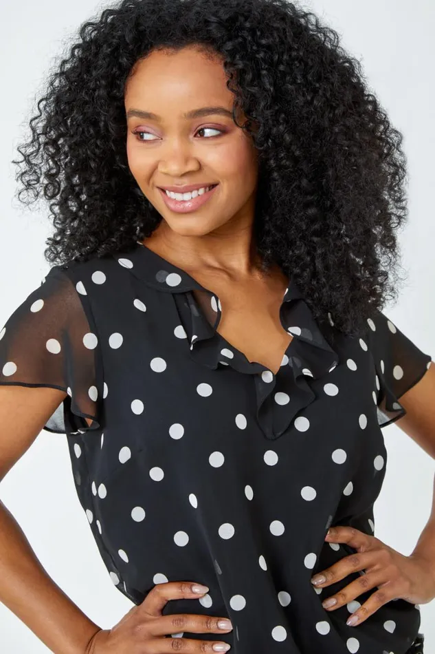 Women Black Petite Polka Dot Print Chiffon Frill Top Roman Tops