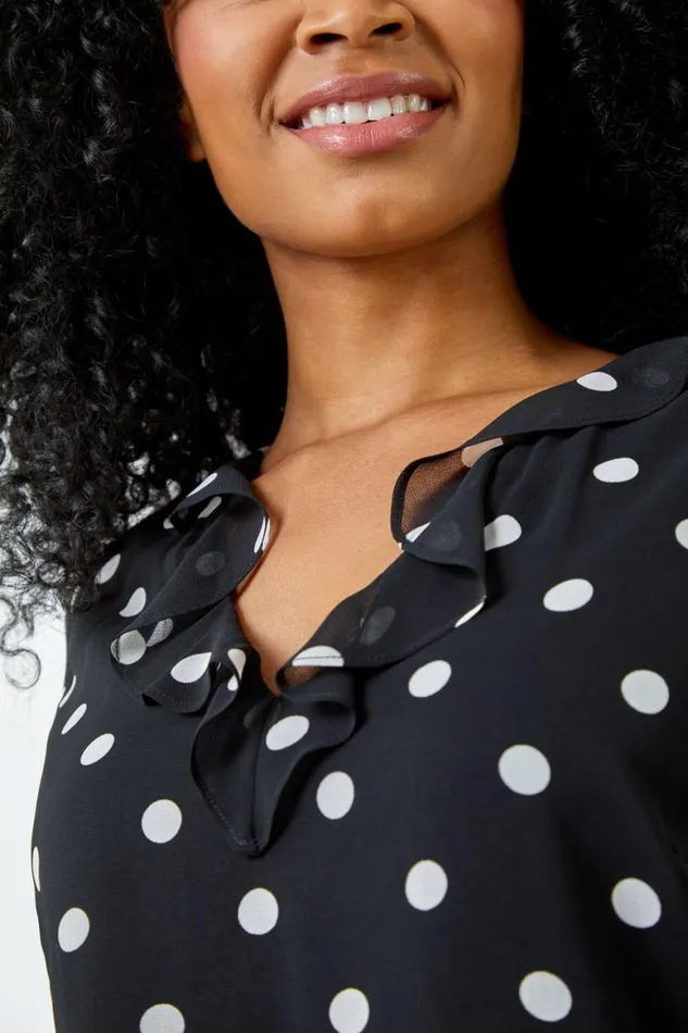Women Black Petite Polka Dot Print Chiffon Frill Top Roman Tops