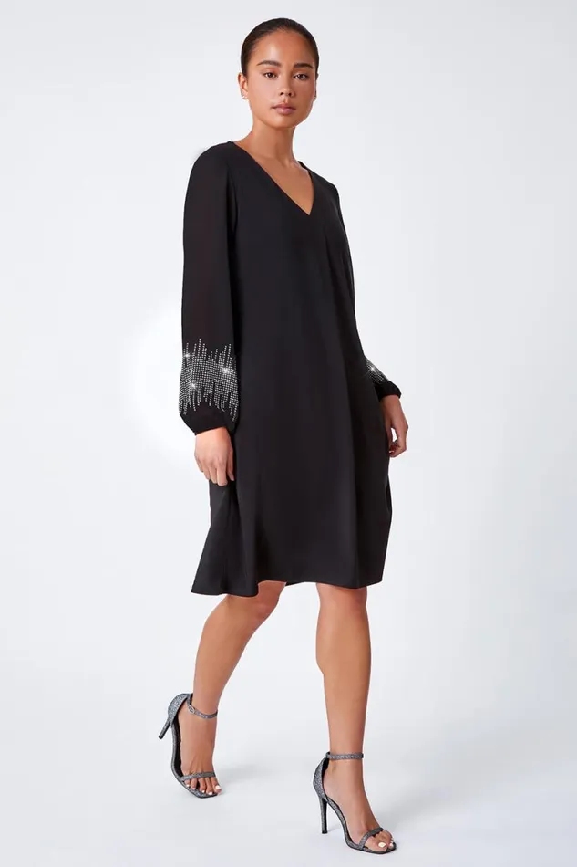 Women Black Petite Sparkle Sleeve Stretch Dress Roman Dresses