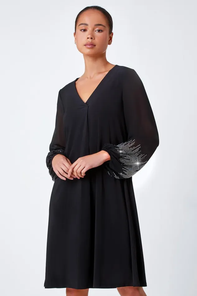 Women Black Petite Sparkle Sleeve Stretch Dress Roman Dresses