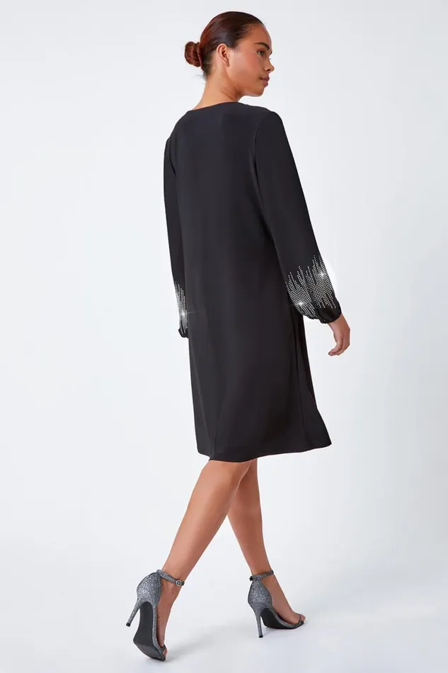 Women Black Petite Sparkle Sleeve Stretch Dress Roman Dresses