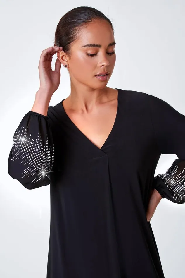 Women Black Petite Sparkle Sleeve Stretch Dress Roman Dresses