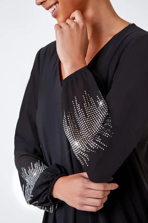 Women Black Petite Sparkle Sleeve Stretch Dress Roman Dresses