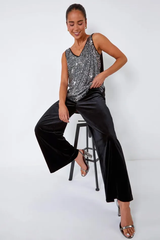 Women Black Petite Wide Leg Velvet Stretch Trouser Roman Trousers
