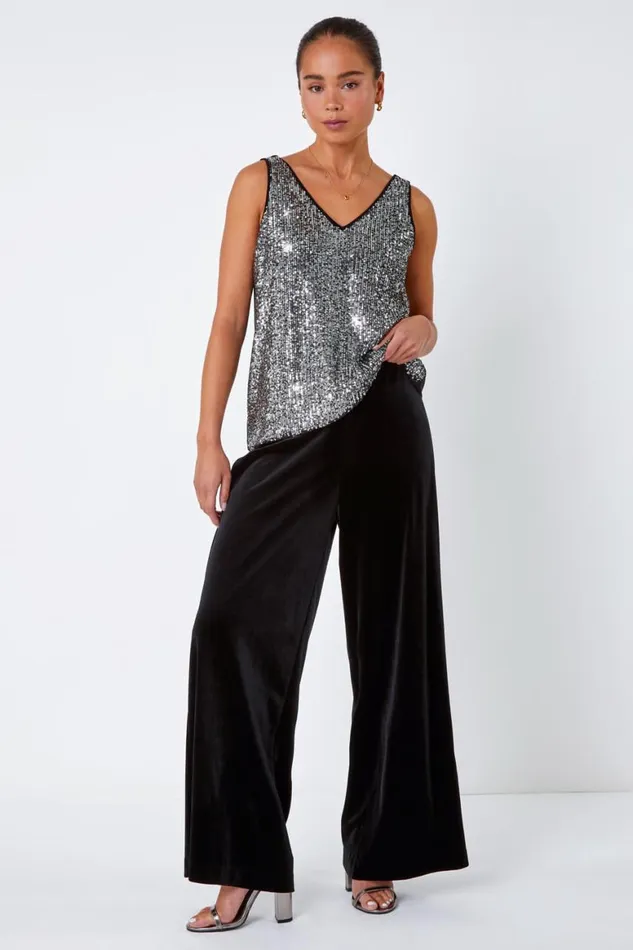 Women Black Petite Wide Leg Velvet Stretch Trouser Roman Trousers
