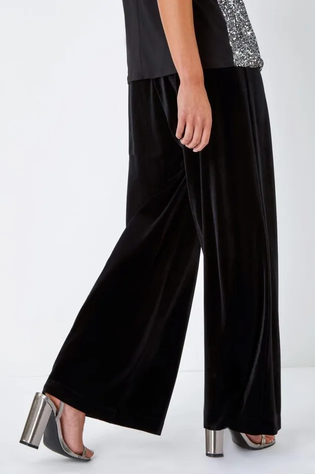 Women Black Petite Wide Leg Velvet Stretch Trouser Roman Trousers