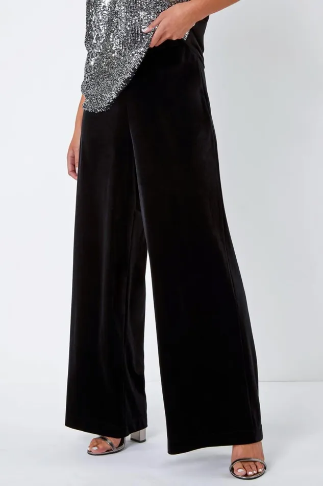 Women Black Petite Wide Leg Velvet Stretch Trouser Roman Trousers