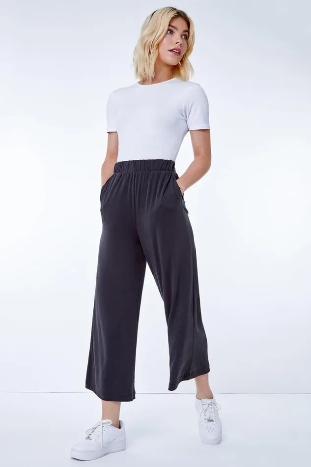 Women Black Plain Elastic Waist Jersey Culotte Trousers Roman Trousers