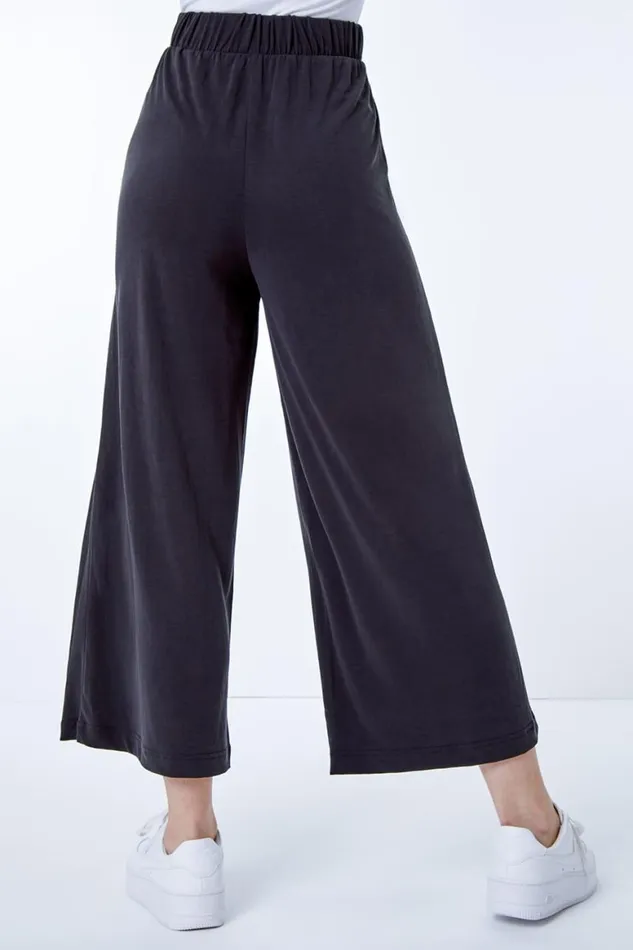Women Black Plain Elastic Waist Jersey Culotte Trousers Roman Trousers