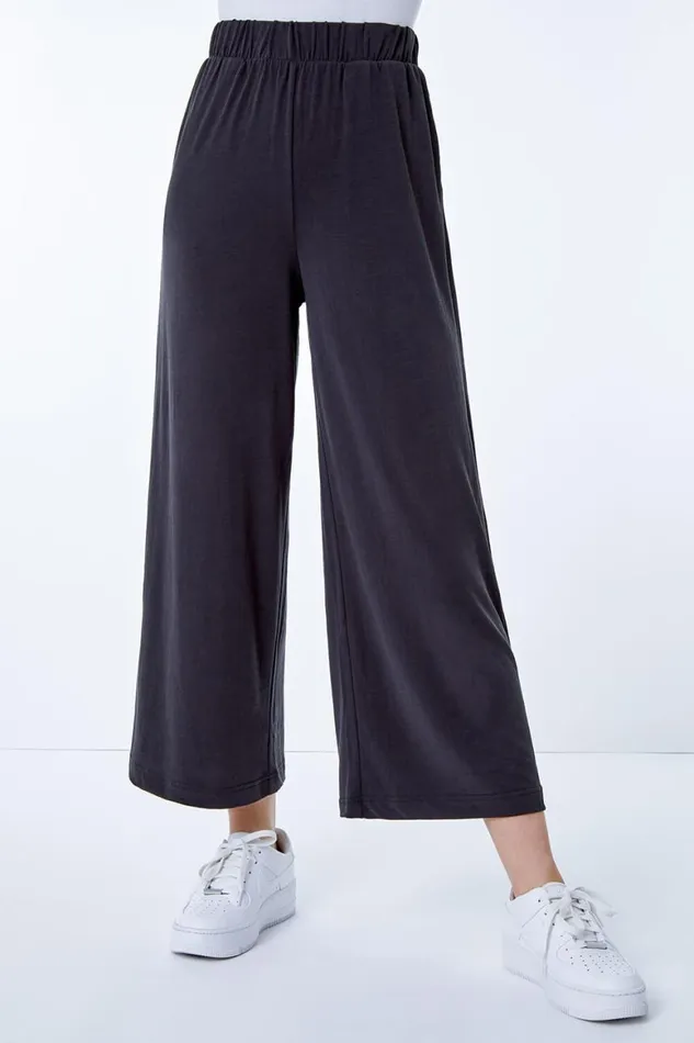 Women Black Plain Elastic Waist Jersey Culotte Trousers Roman Trousers