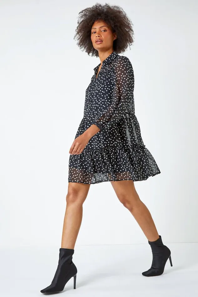 Women Black Polka Dot Print Chiffon Tiered Shirt Dress Roman Dresses