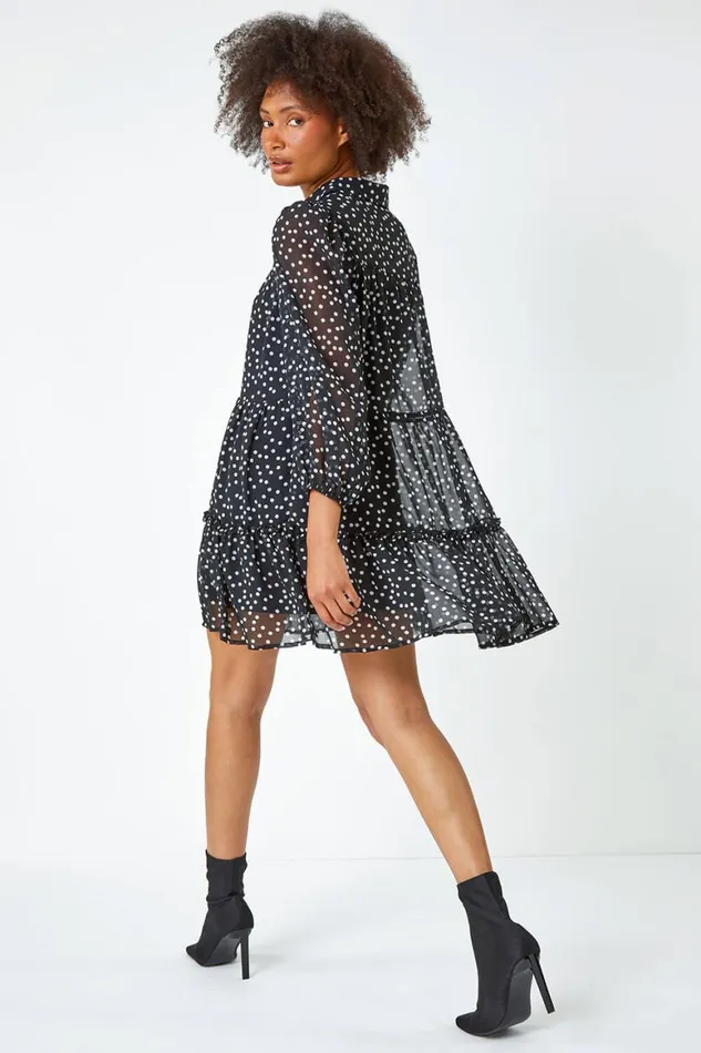 Women Black Polka Dot Print Chiffon Tiered Shirt Dress Roman Dresses