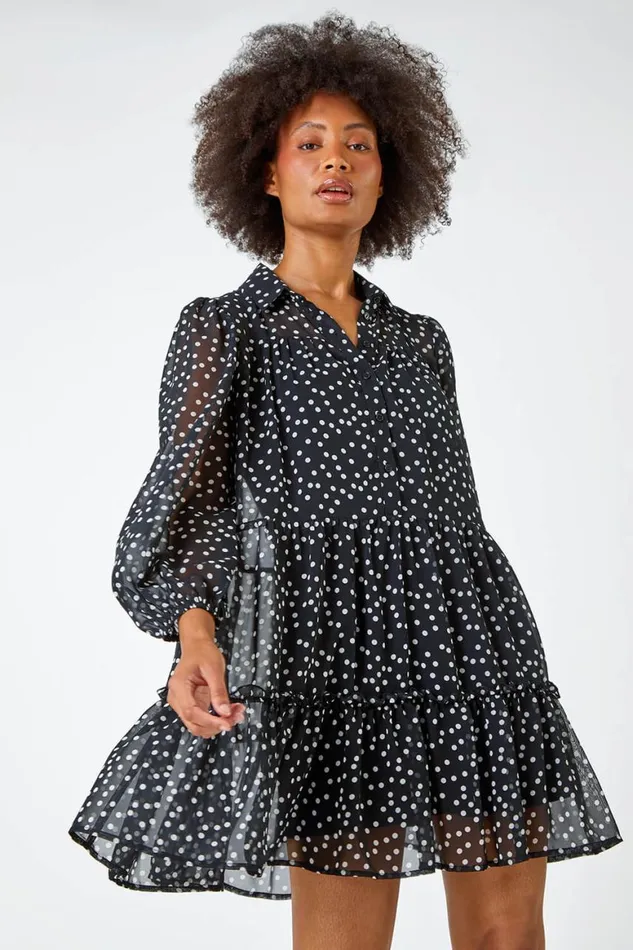 Women Black Polka Dot Print Chiffon Tiered Shirt Dress Roman Dresses
