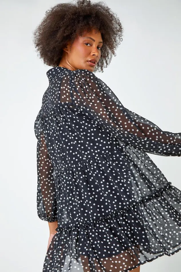 Women Black Polka Dot Print Chiffon Tiered Shirt Dress Roman Dresses