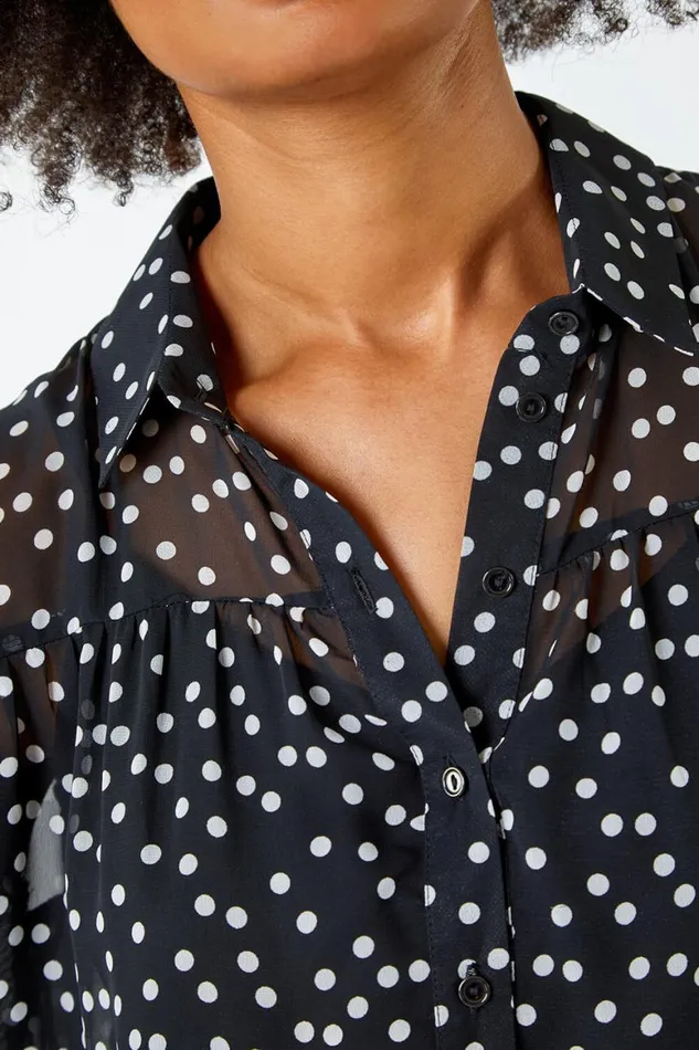 Women Black Polka Dot Print Chiffon Tiered Shirt Dress Roman Dresses