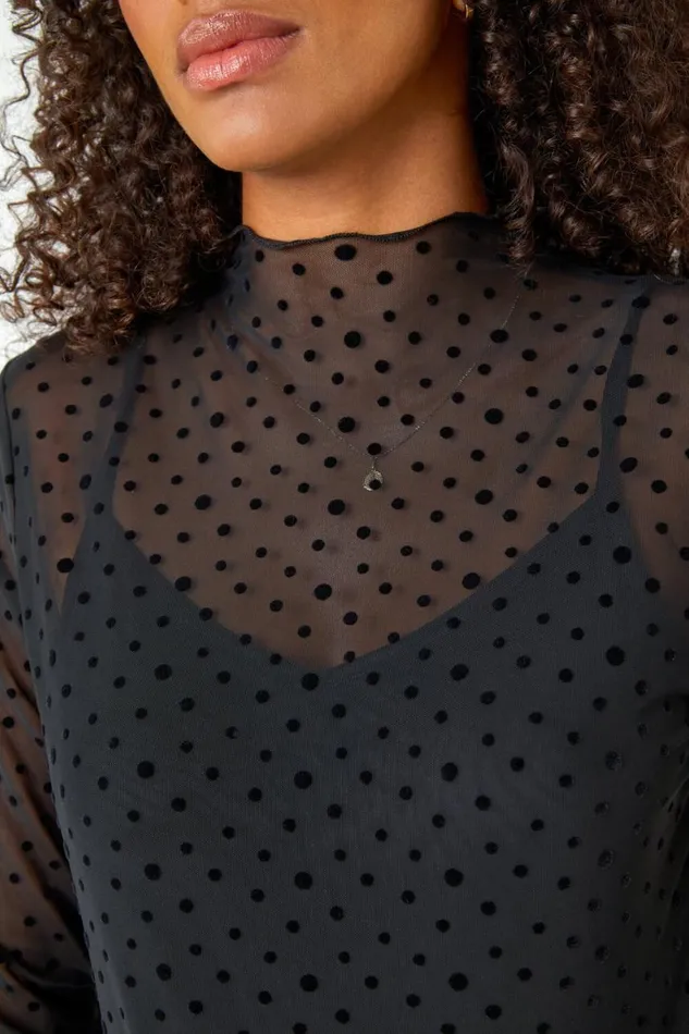 Women Black Polka Dot Print Mesh Midi Stretch Dress Roman Dresses