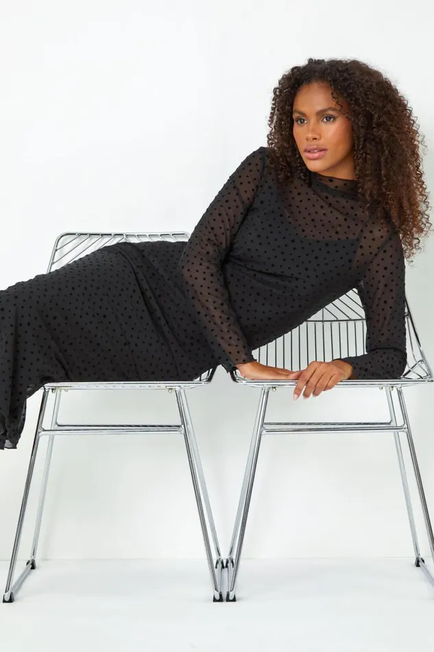 Women Black Polka Dot Print Mesh Midi Stretch Dress Roman Dresses
