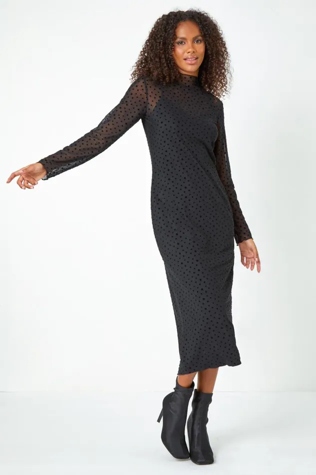 Women Black Polka Dot Print Mesh Midi Stretch Dress Roman Dresses