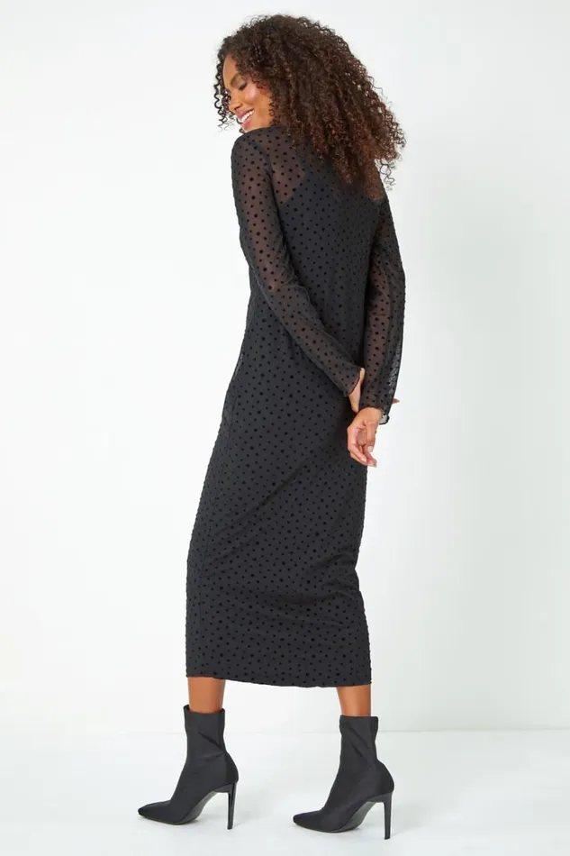 Women Black Polka Dot Print Mesh Midi Stretch Dress Roman Dresses