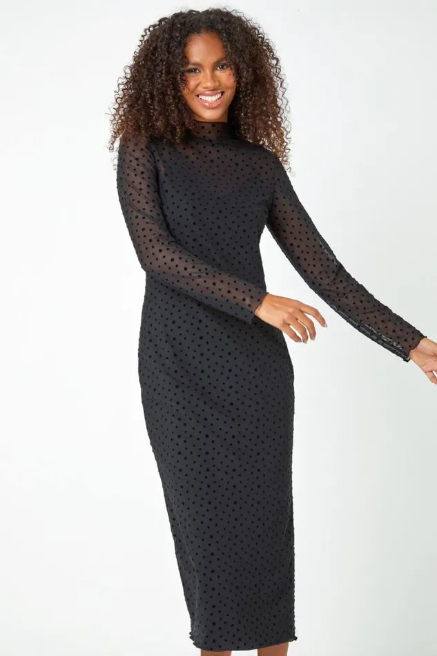 Women Black Polka Dot Print Mesh Midi Stretch Dress Roman Dresses