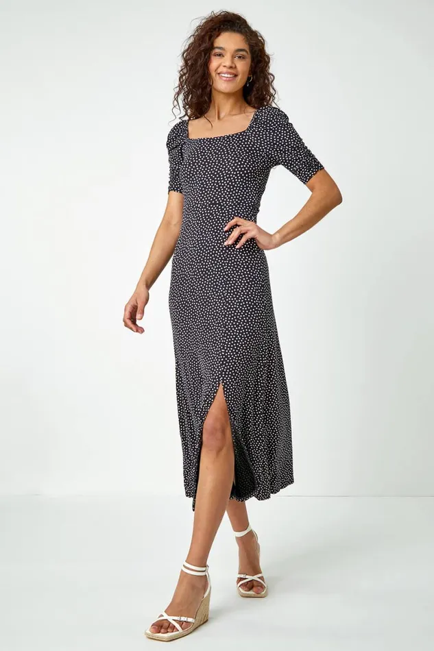 Women Black Polka Dot Print Midi Dress Roman Dresses