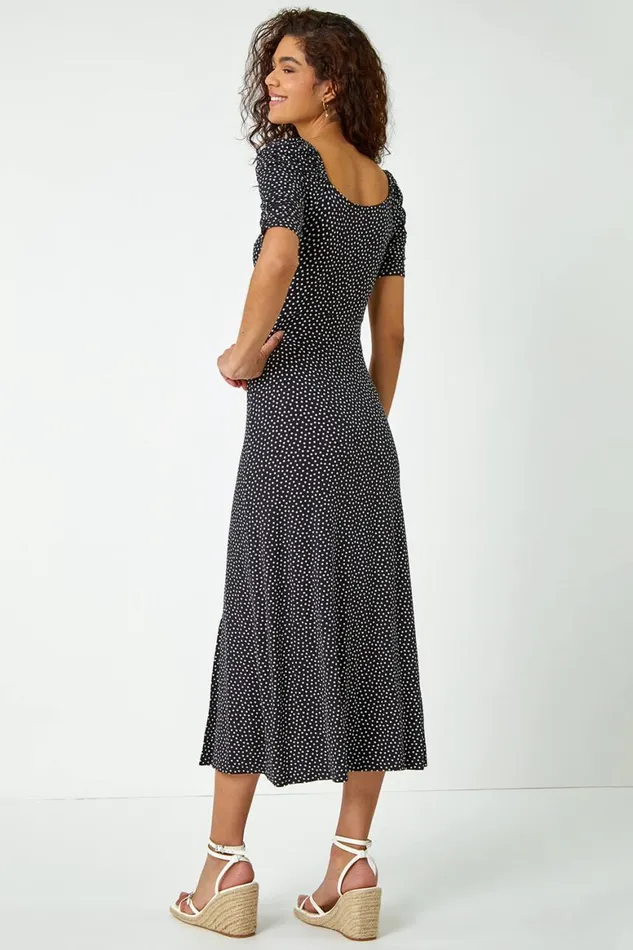 Women Black Polka Dot Print Midi Dress Roman Dresses