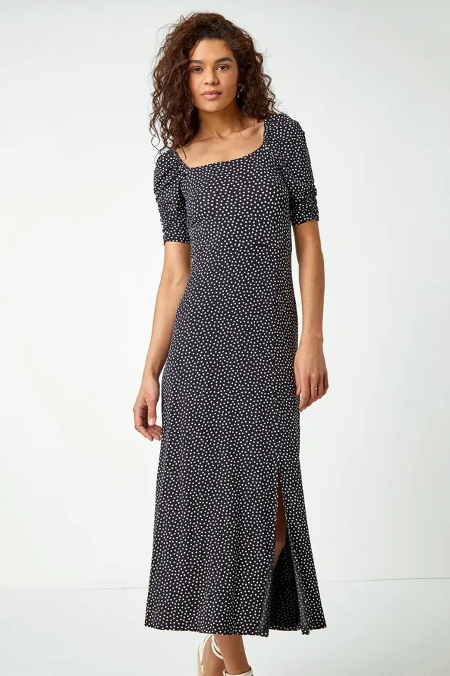 Women Black Polka Dot Print Midi Dress Roman Dresses
